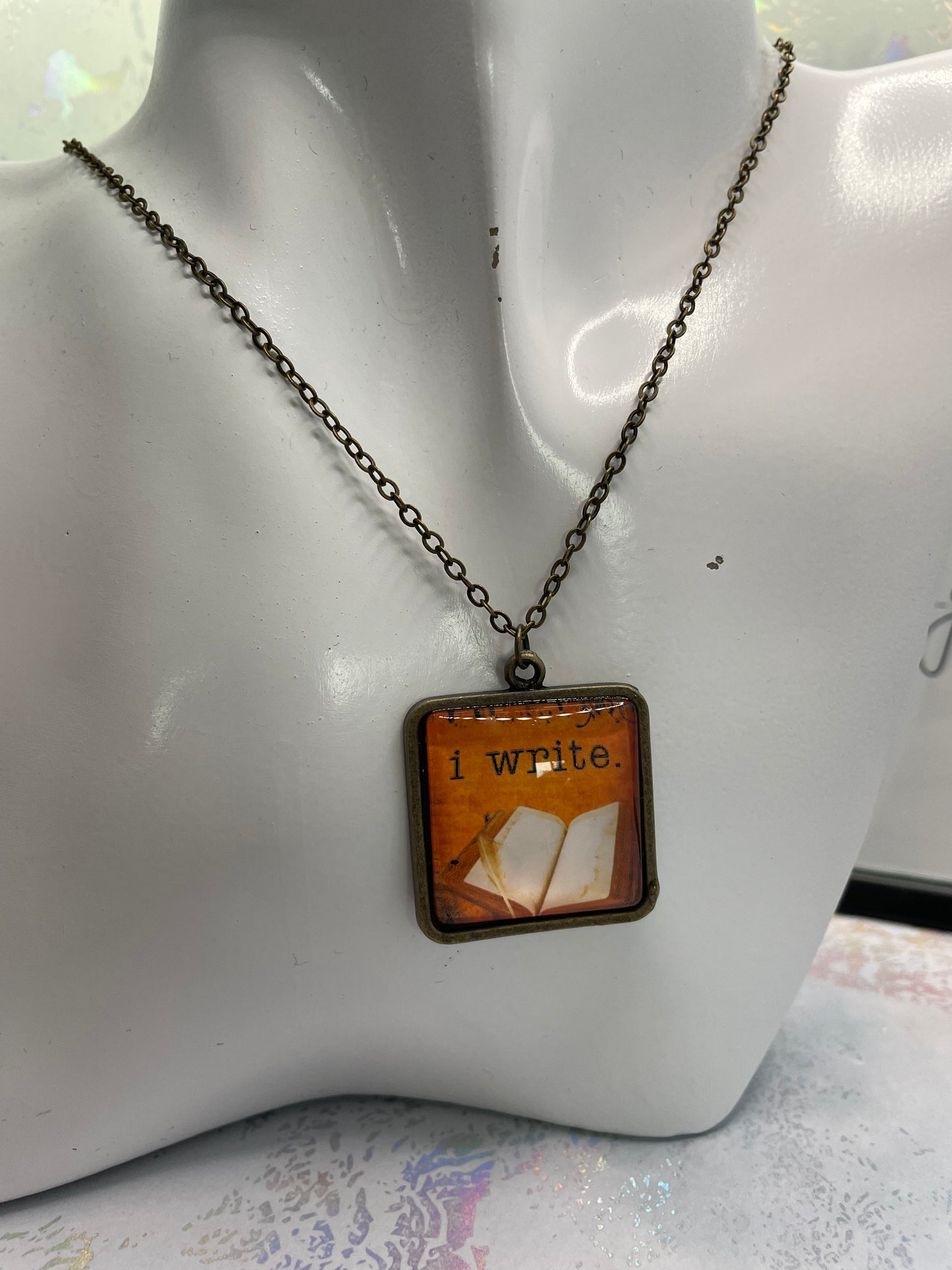 "I Write" Pendant Necklace - Bronze Square