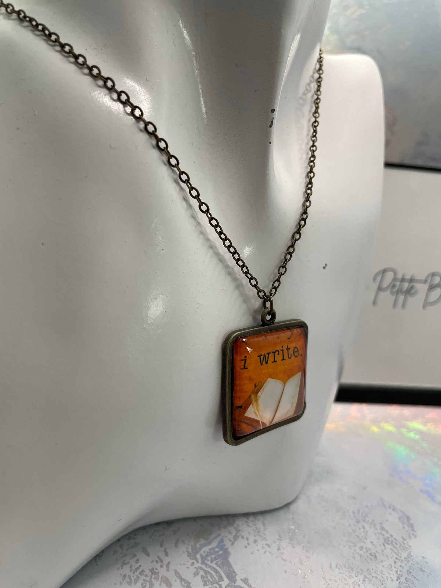 "I Write" Pendant Necklace - Bronze Square