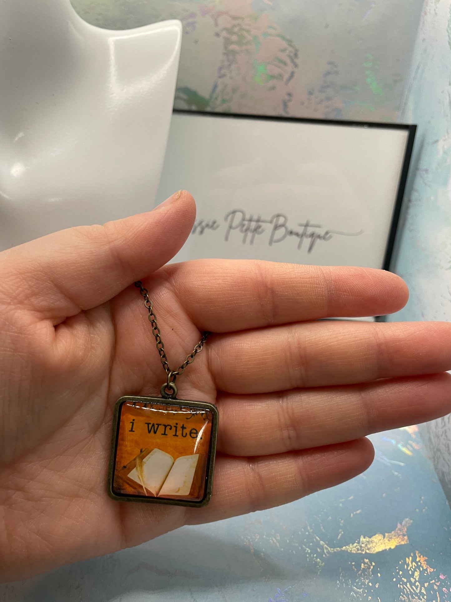 "I Write" Pendant Necklace - Bronze Square