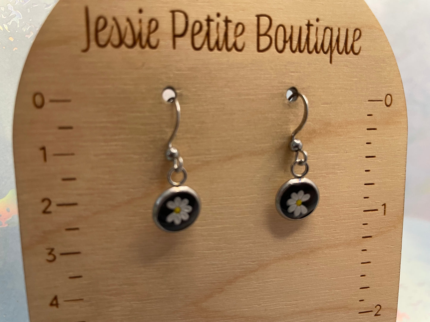 Mini White Floral Round Bezel Earrings-Stainless Steel