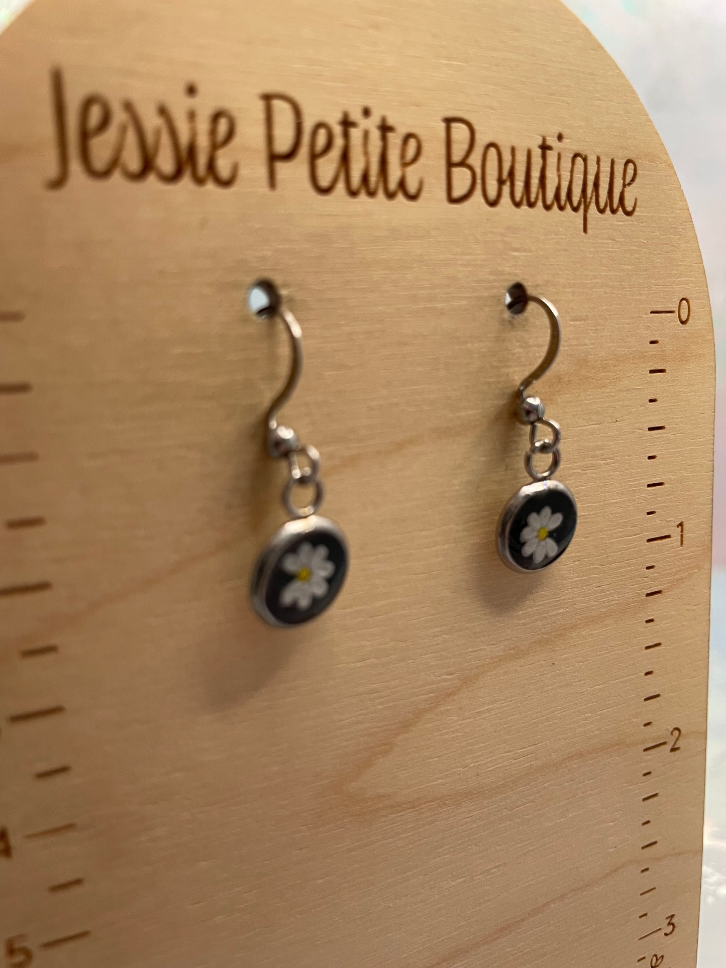 Mini White Floral Round Bezel Earrings-Stainless Steel