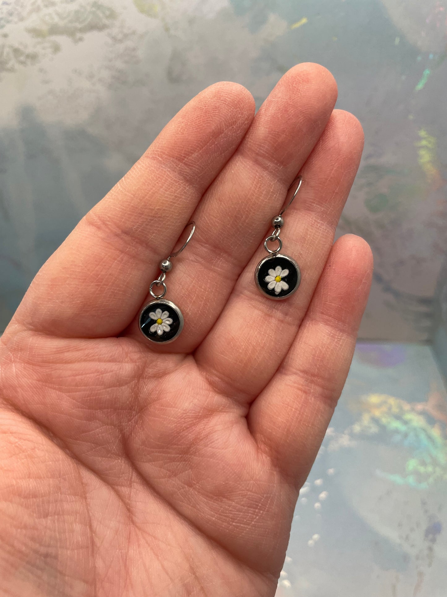 Mini White Floral Round Bezel Earrings-Stainless Steel