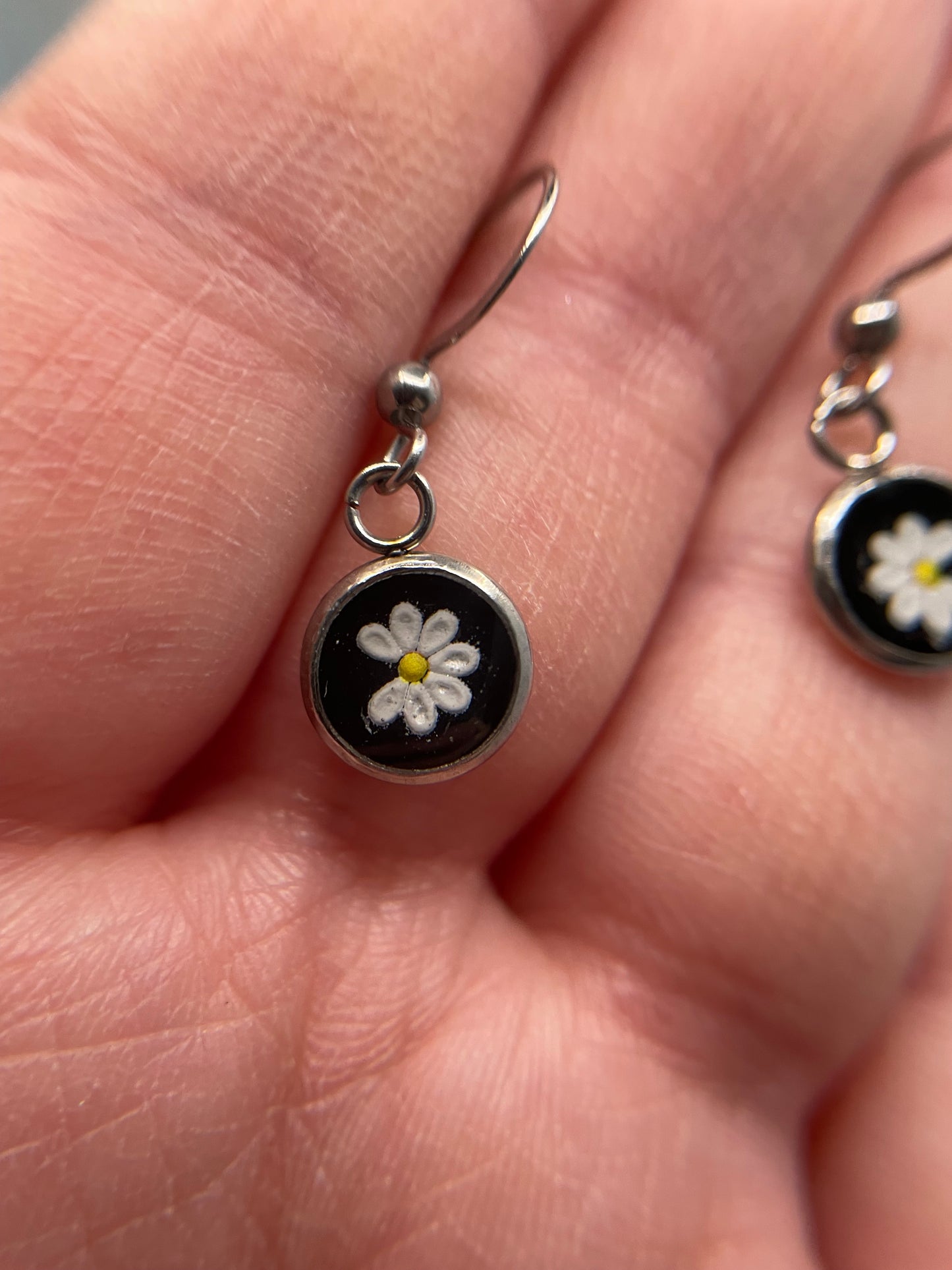 Mini White Floral Round Bezel Earrings-Stainless Steel