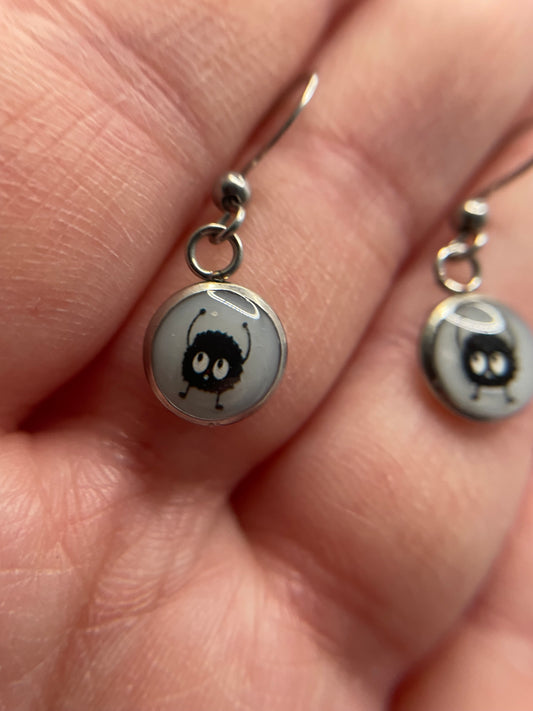 Mini Black Fur Ball Round Bezel Earrings