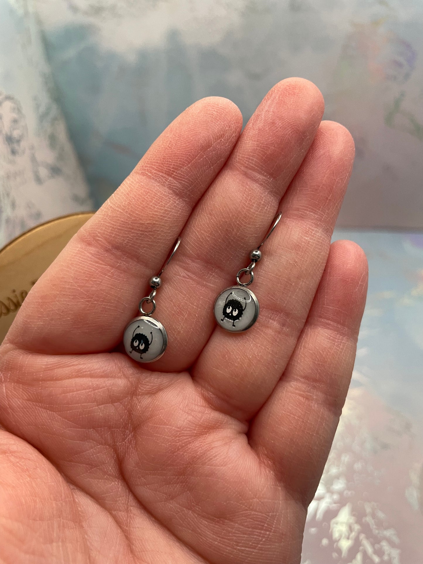 Mini Black Fur Ball Round Bezel Earrings