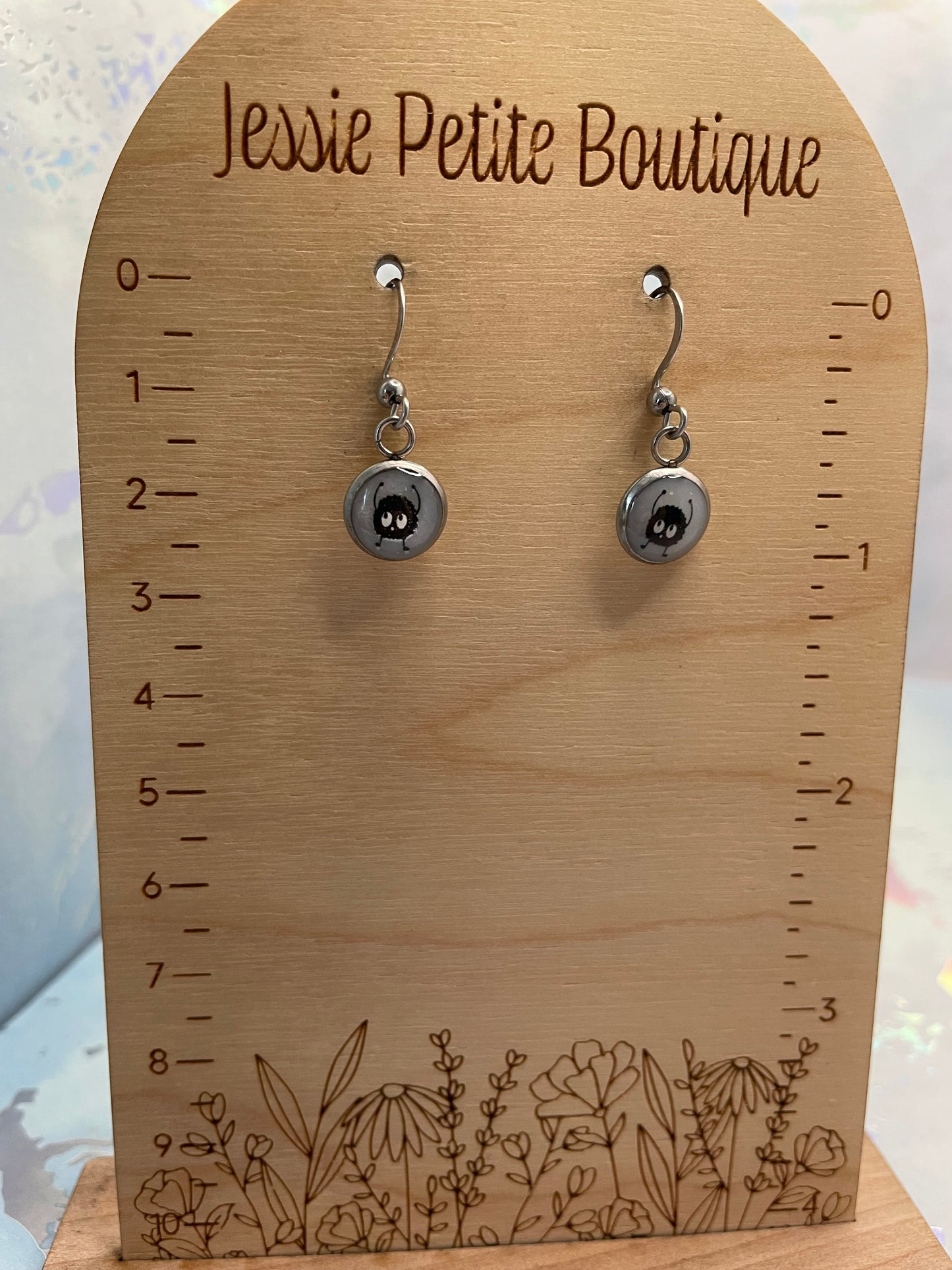 Mini Black Fur Ball Round Bezel Earrings