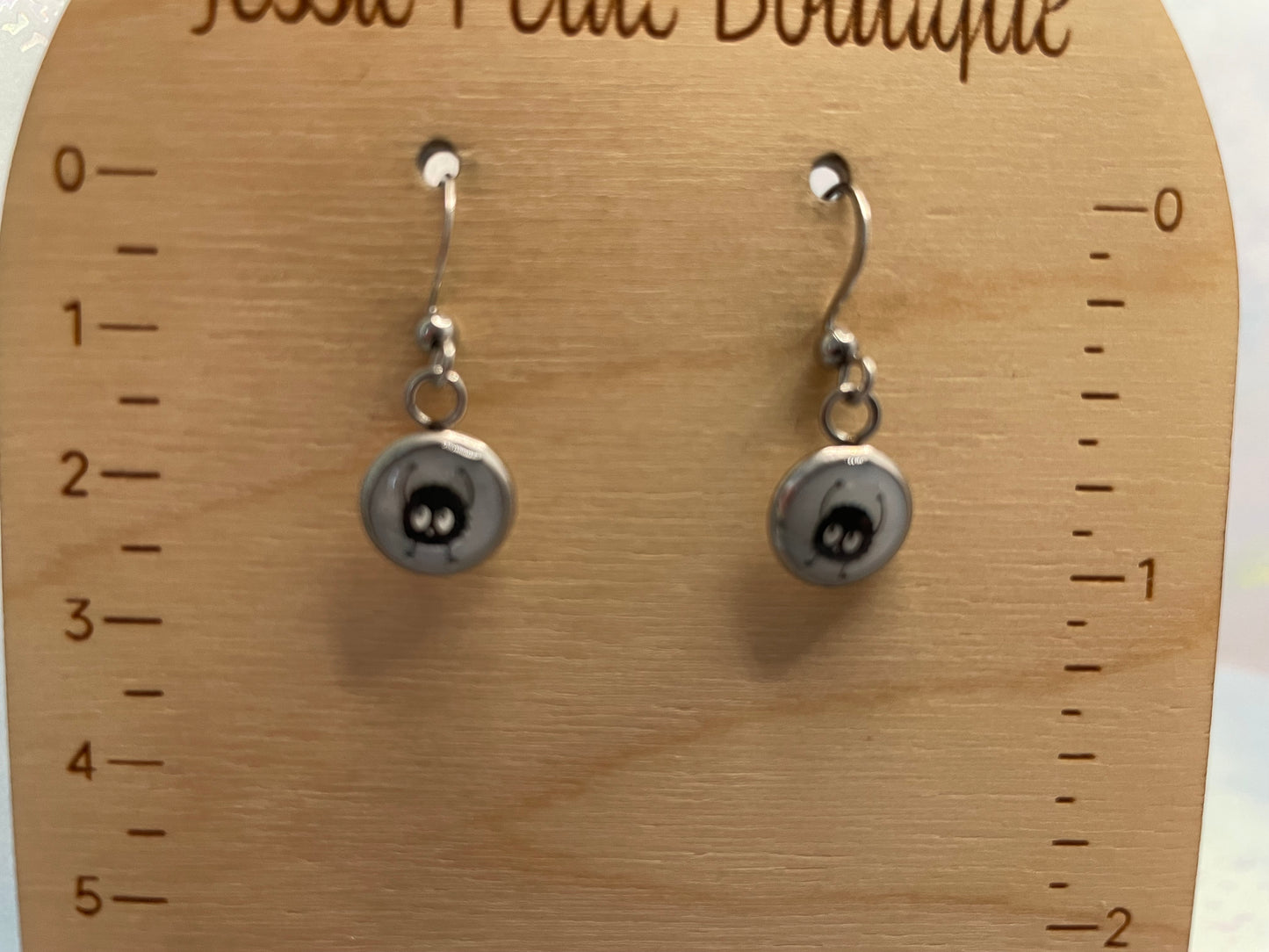 Mini Black Fur Ball Round Bezel Earrings