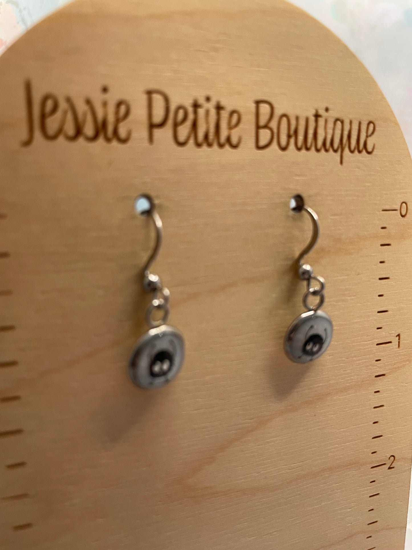 Mini Black Fur Ball Round Bezel Earrings