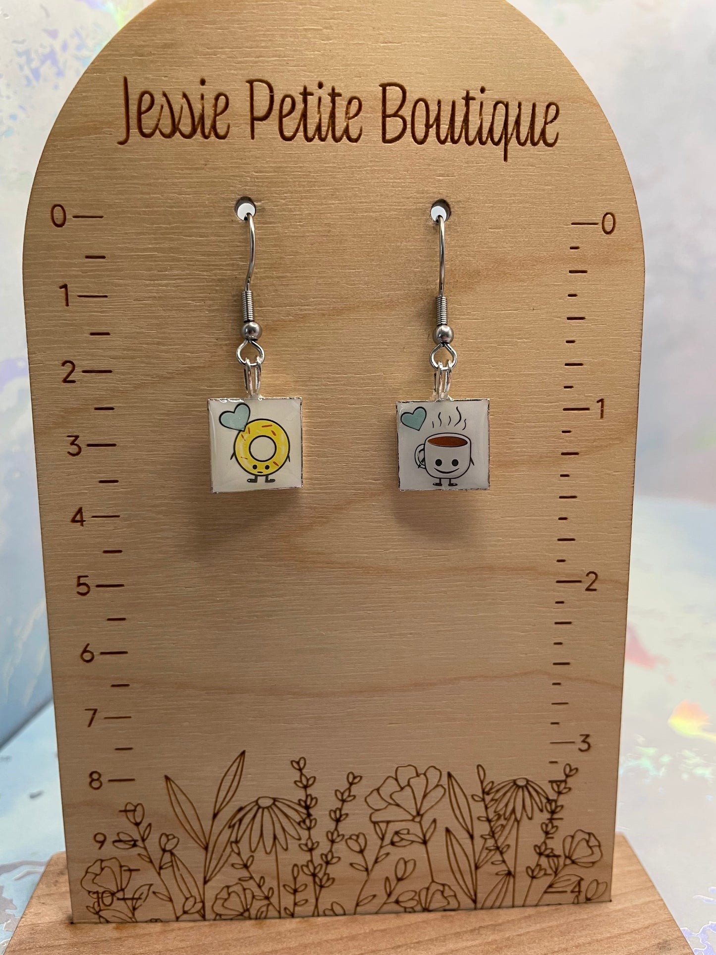Square Coffee & Donut Dangle Earrings-Stainless Steel