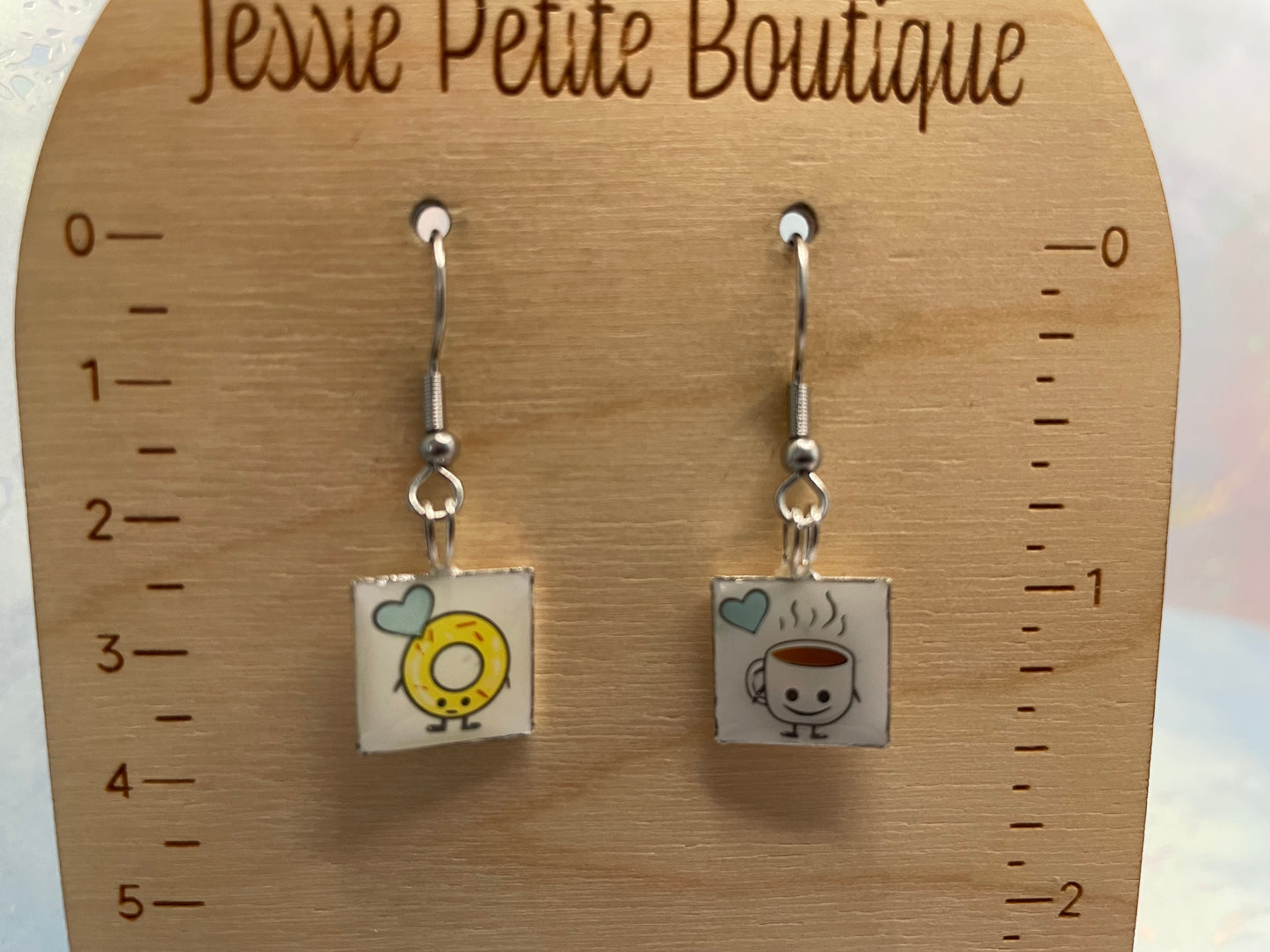 Square Coffee & Donut Dangle Earrings-Stainless Steel