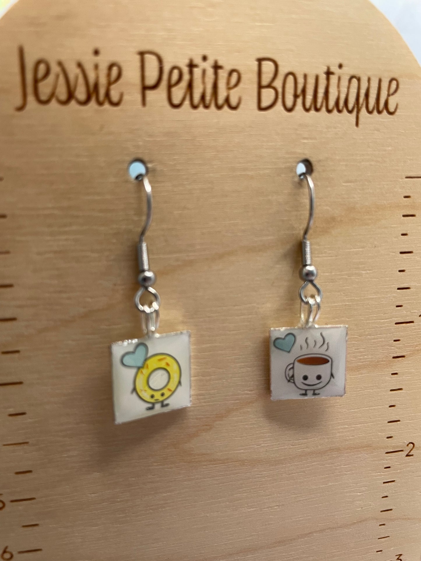 Square Coffee & Donut Dangle Earrings-Stainless Steel