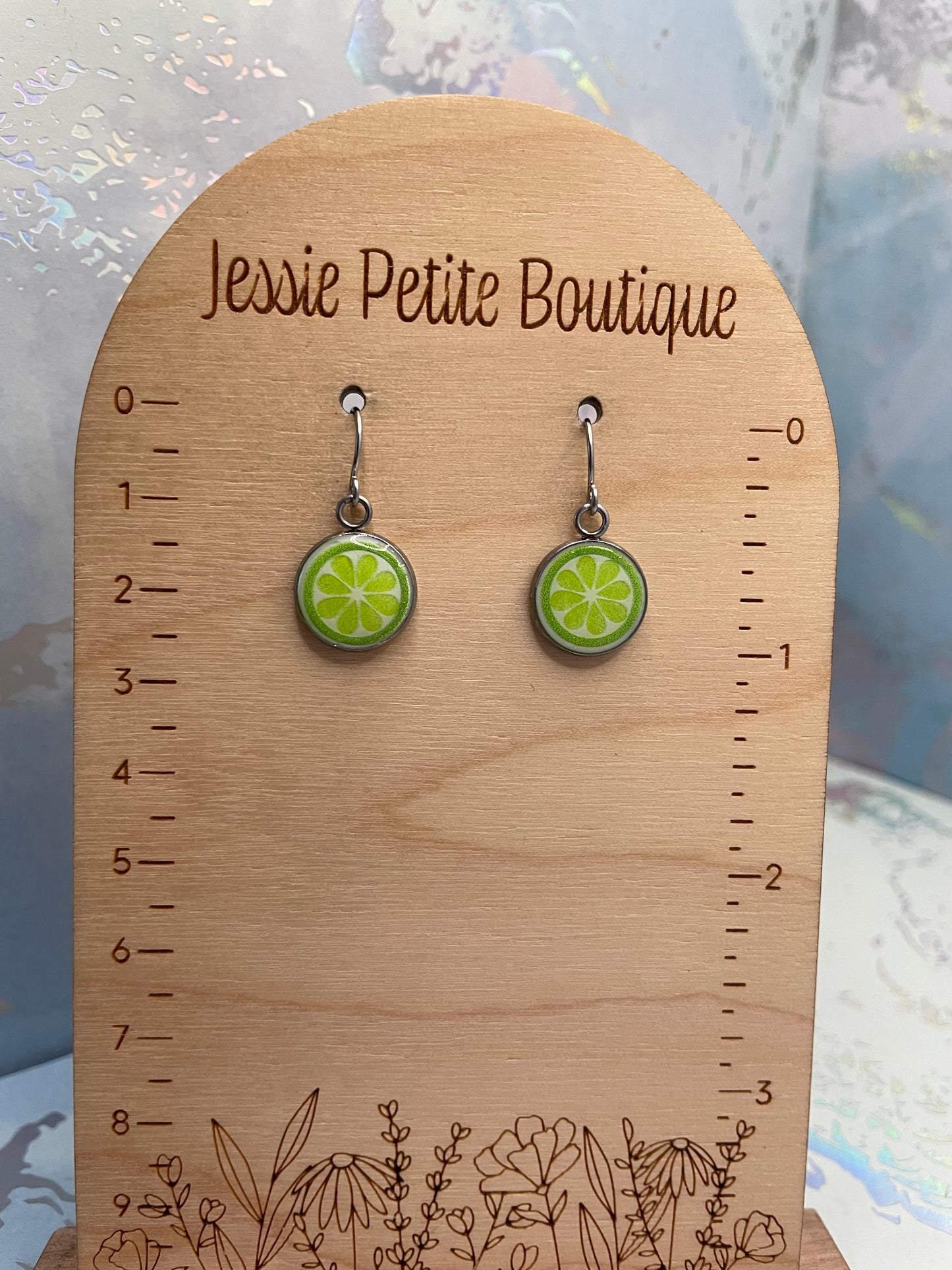 Lime on Silver Round Bezel Earrings-Stainless Steel