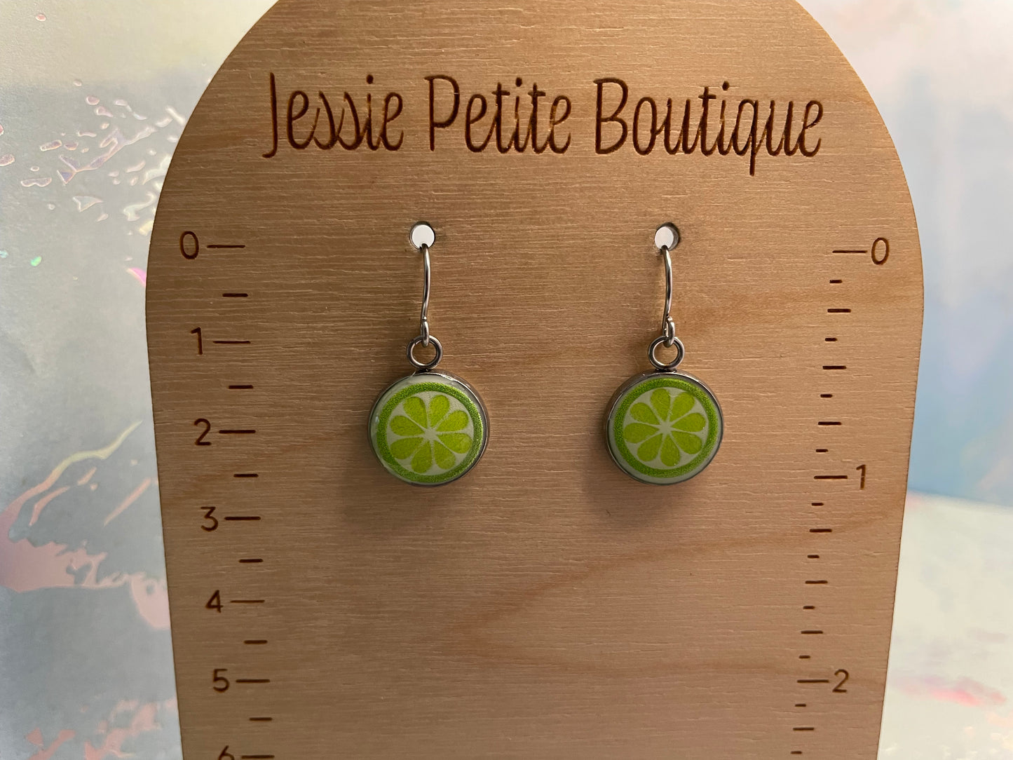 Lime on Silver Round Bezel Earrings-Stainless Steel