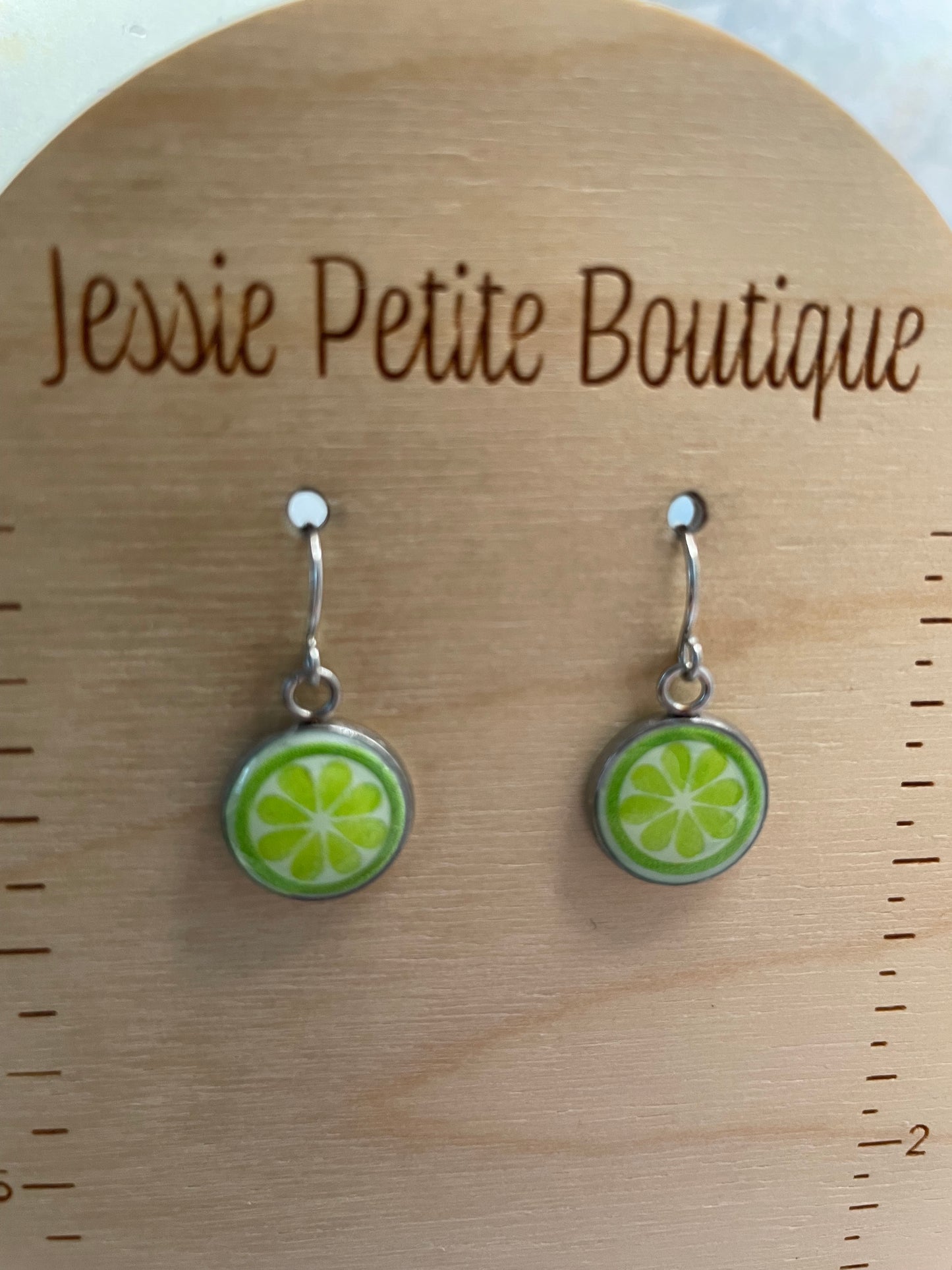 Lime on Silver Round Bezel Earrings-Stainless Steel