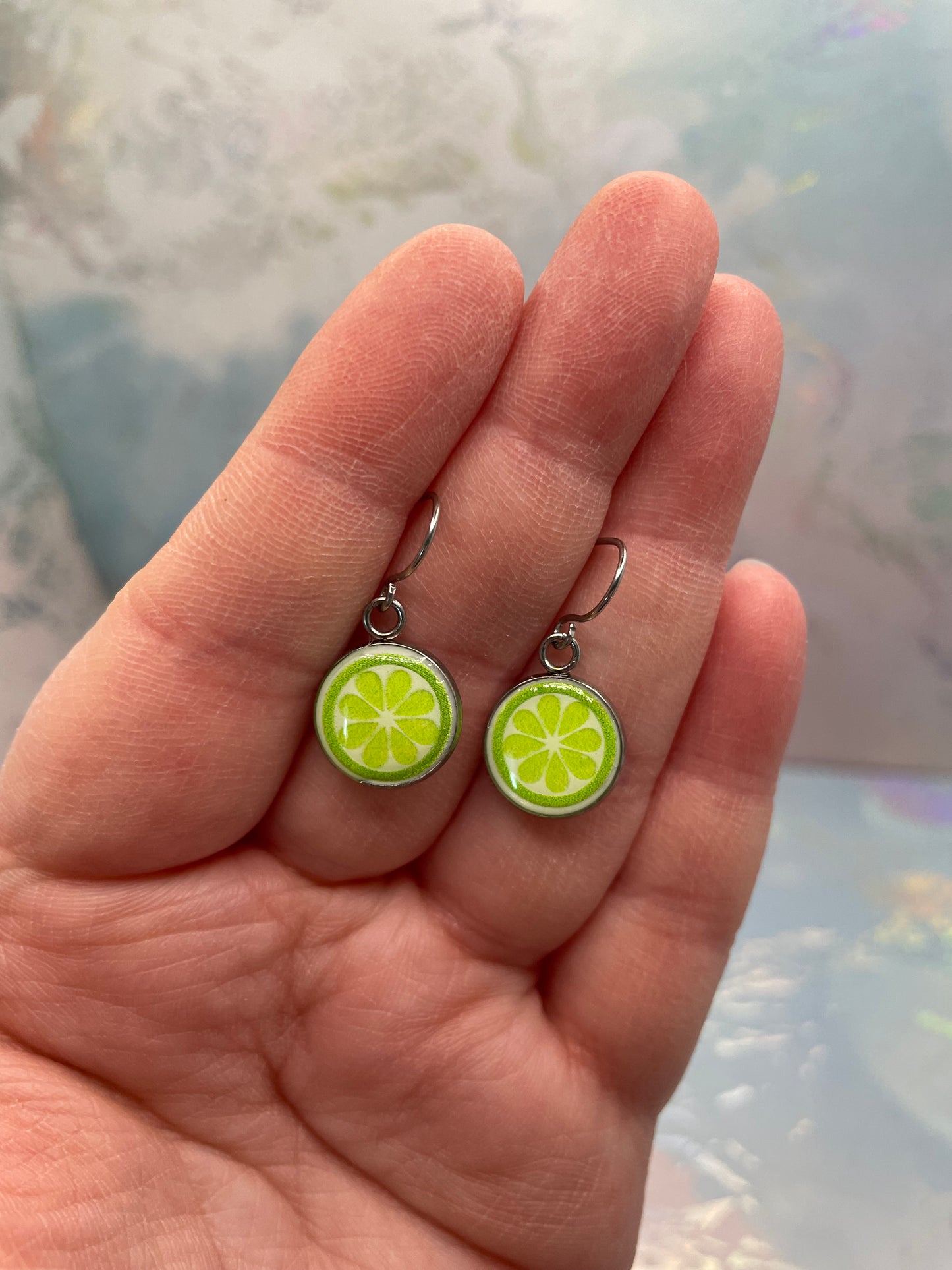 Lime on Silver Round Bezel Earrings-Stainless Steel
