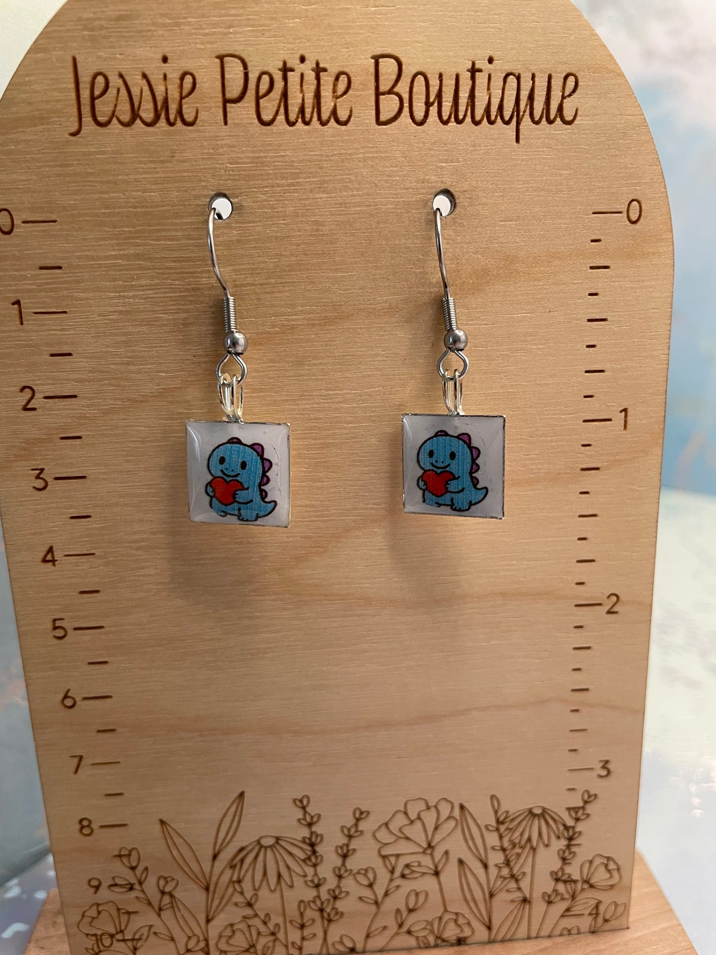 Blue Dino Square Dangle Earrings-Stainless Steel