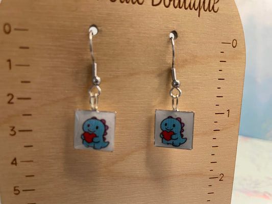 Blue Dino Square Dangle Earrings-Stainless Steel