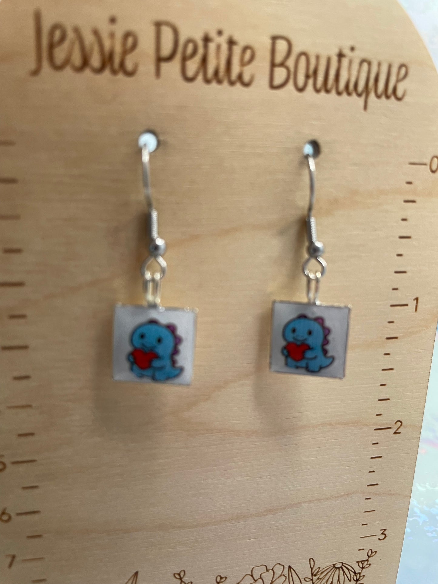 Blue Dino Square Dangle Earrings-Stainless Steel