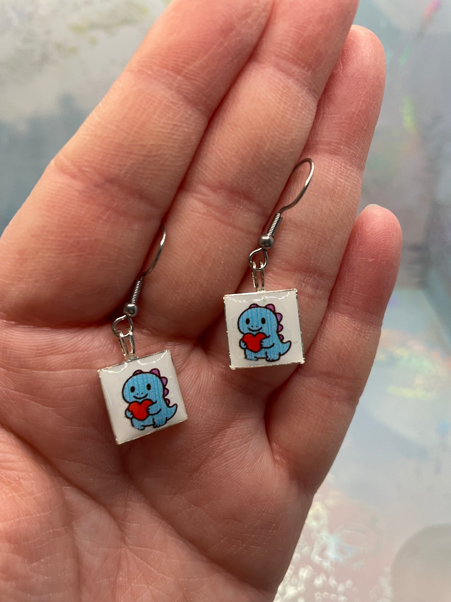 Blue Dino Square Dangle Earrings-Stainless Steel