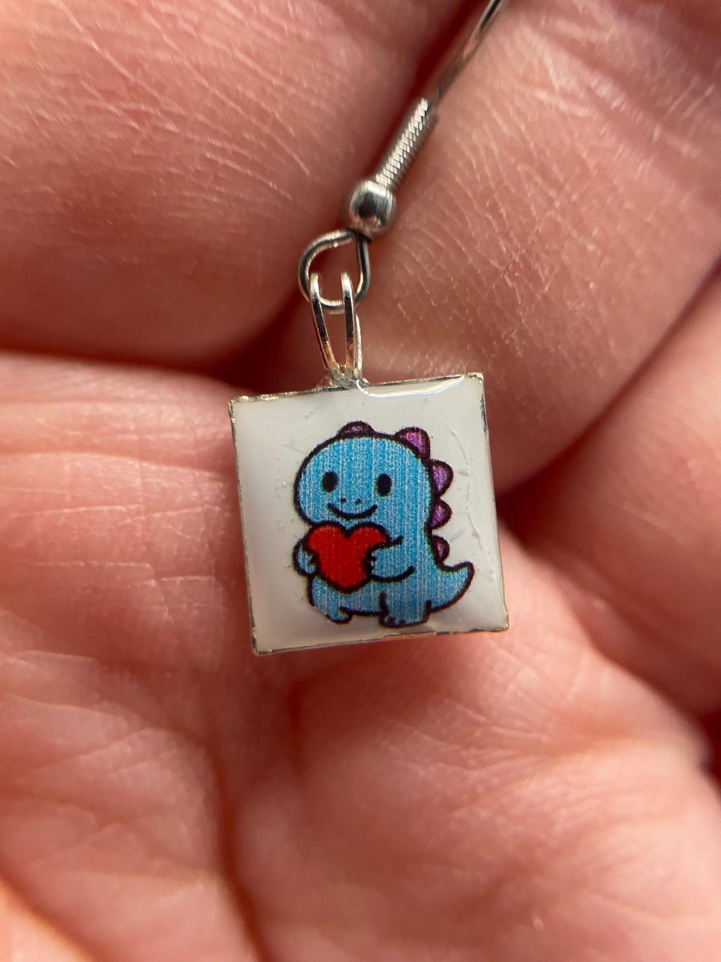 Blue Dino Square Dangle Earrings-Stainless Steel