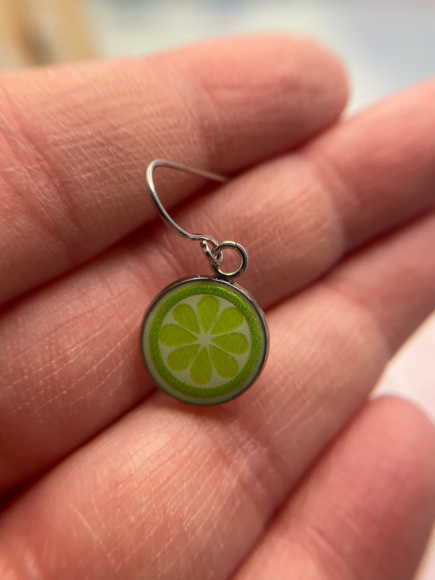 Lime on Silver Round Bezel Earrings-Stainless Steel