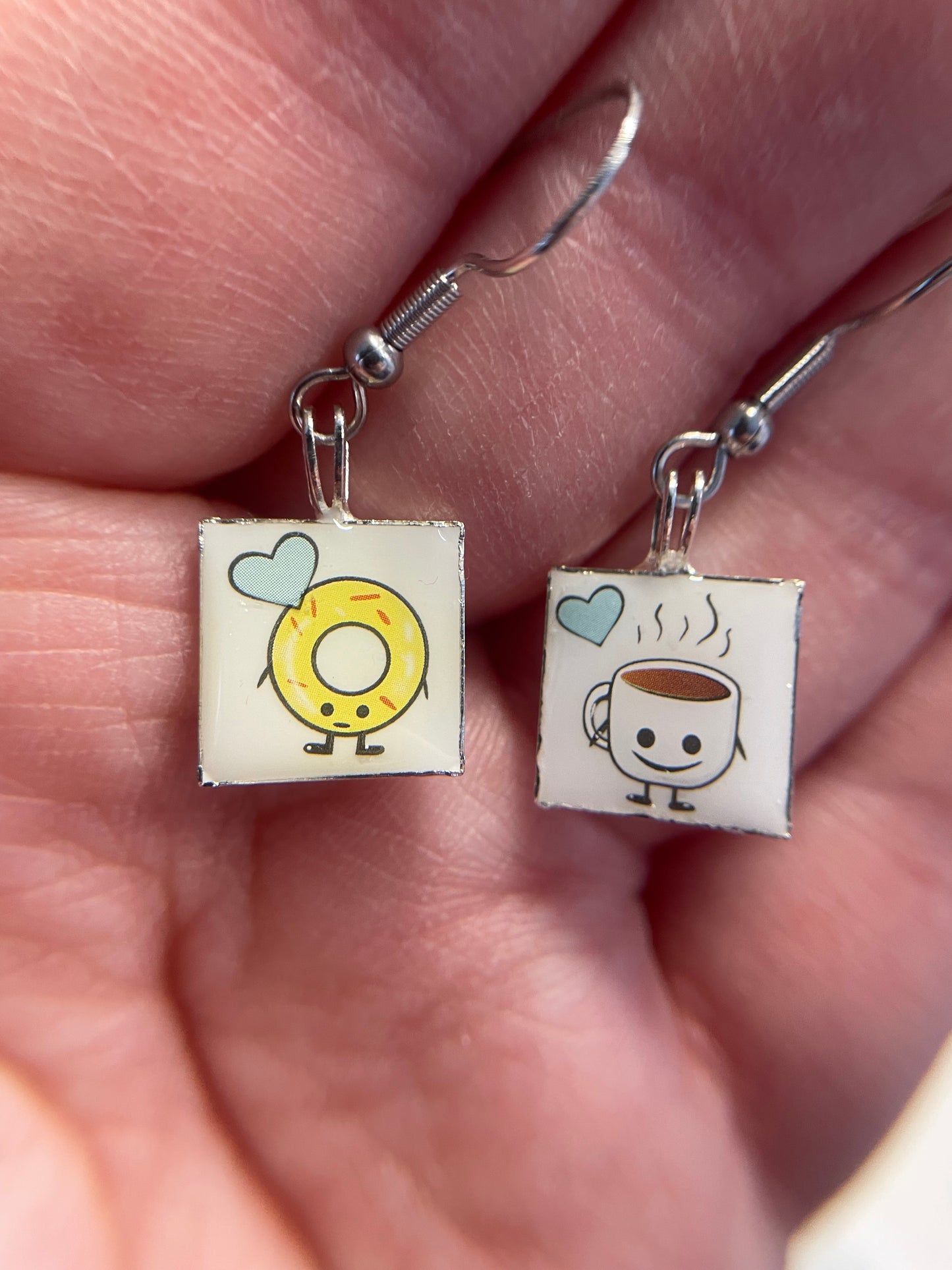 Square Coffee & Donut Dangle Earrings-Stainless Steel