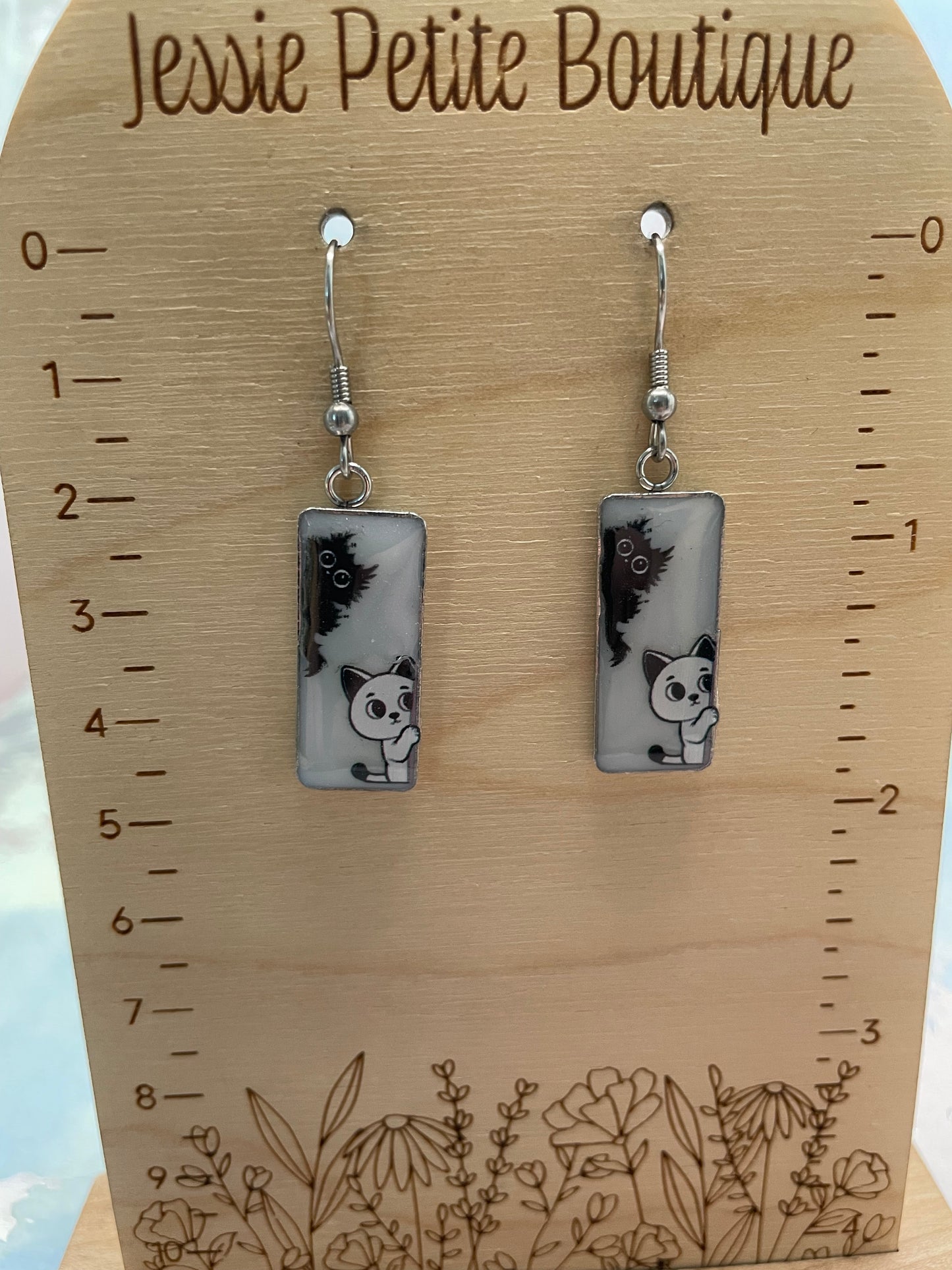 Boucles d’oreilles rectangulaires chat noir et blanc-Acier Inoxydable