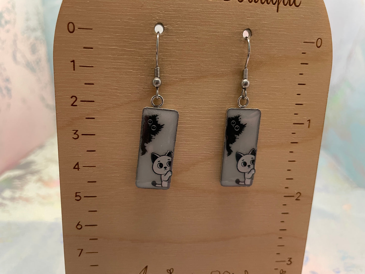 Boucles d’oreilles rectangulaires chat noir et blanc-Acier Inoxydable