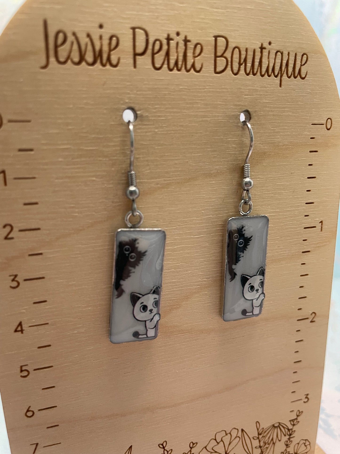 Boucles d’oreilles rectangulaires chat noir et blanc-Acier Inoxydable
