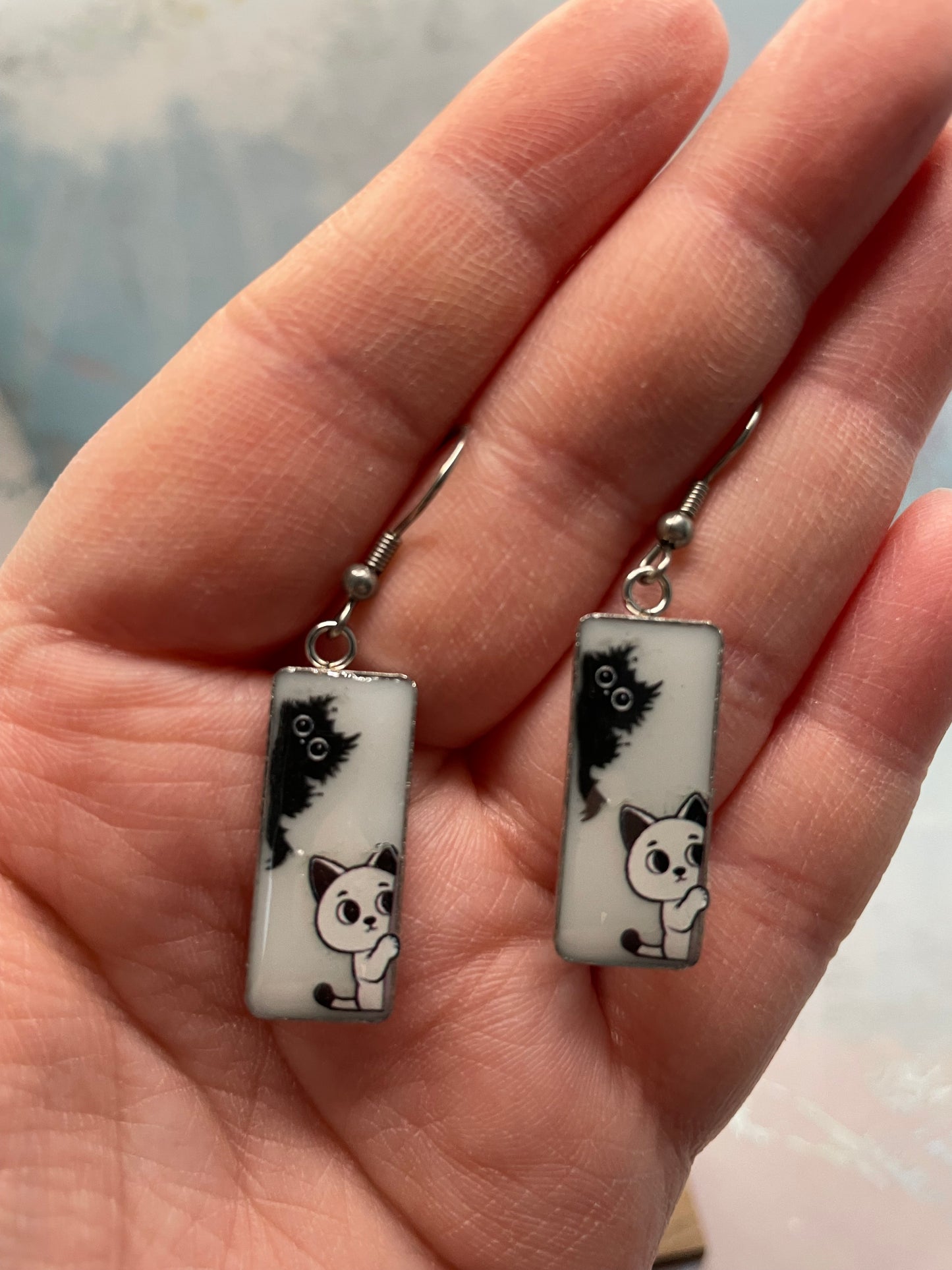 Boucles d’oreilles rectangulaires chat noir et blanc-Acier Inoxydable