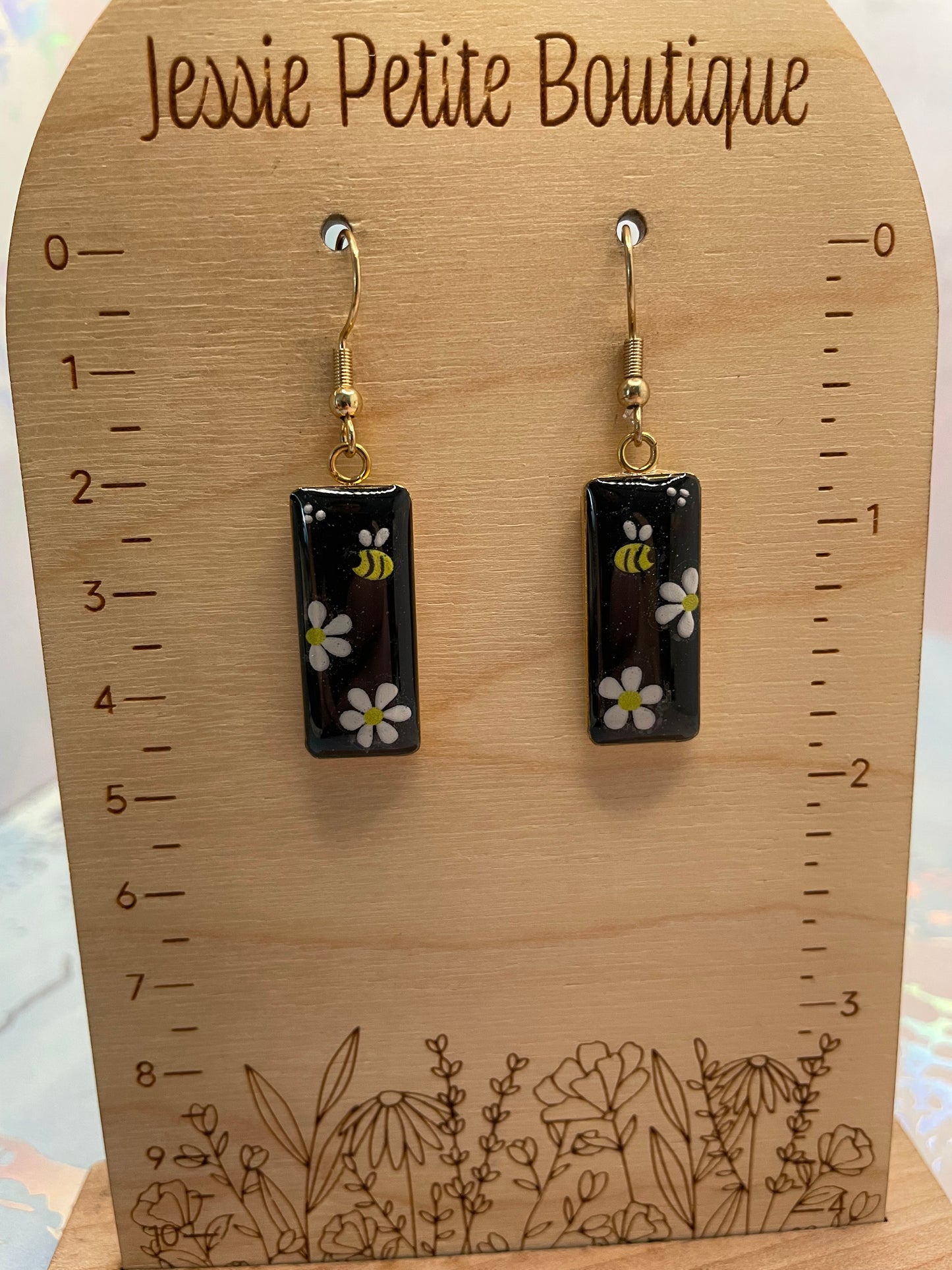 Boucles d’oreilles rectangulaires abeille et marguerites-Acier Inoxydable