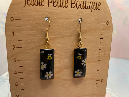 Boucles d’oreilles rectangulaires abeille et marguerites-Acier Inoxydable