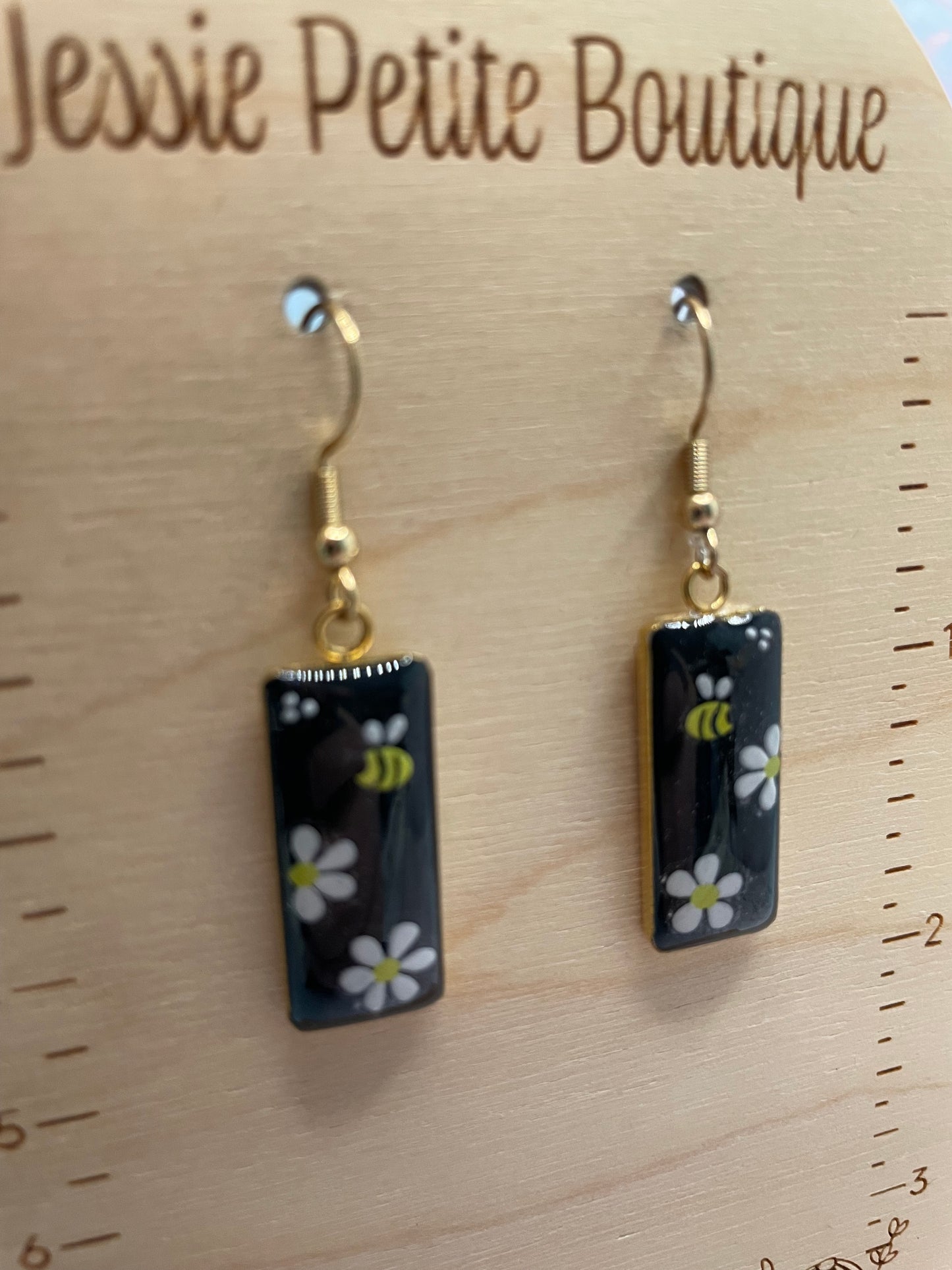 Boucles d’oreilles rectangulaires abeille et marguerites-Acier Inoxydable