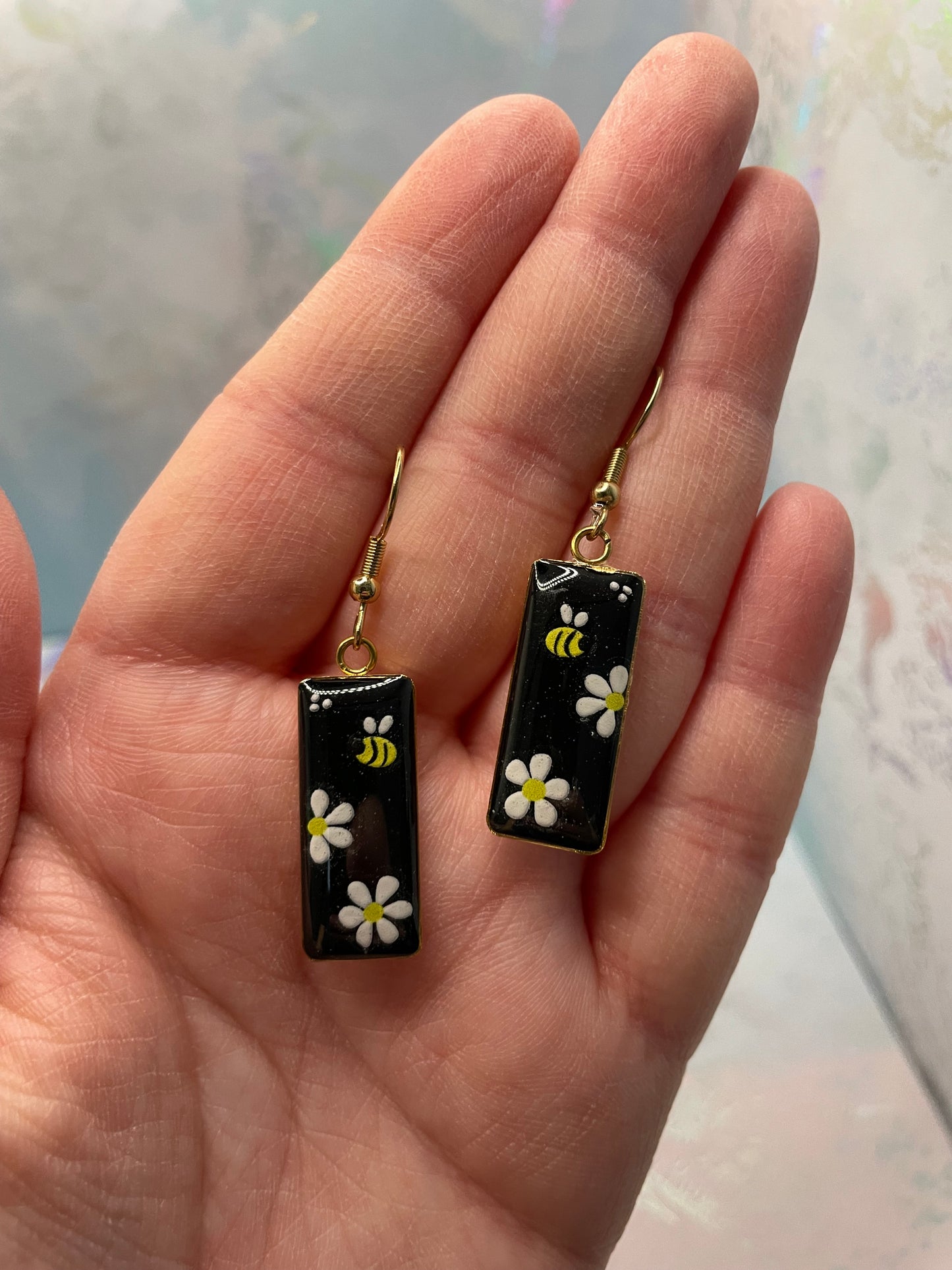 Boucles d’oreilles rectangulaires abeille et marguerites-Acier Inoxydable