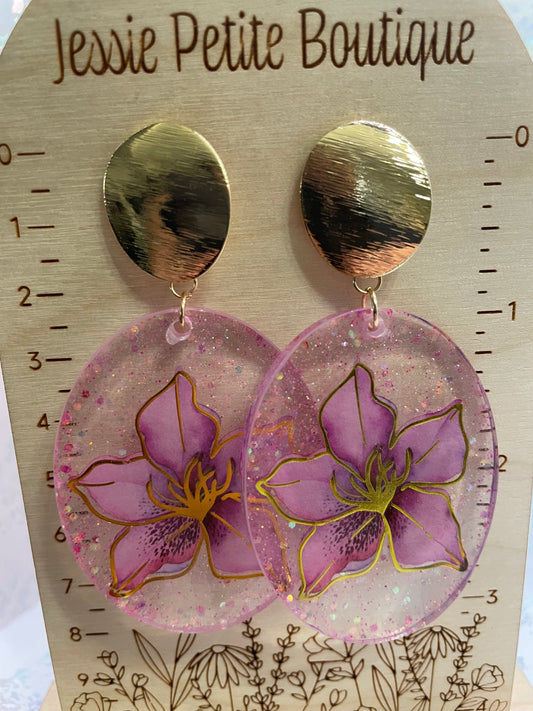 Pink Flower In Sparkle Oval Earrings + Gold Stud