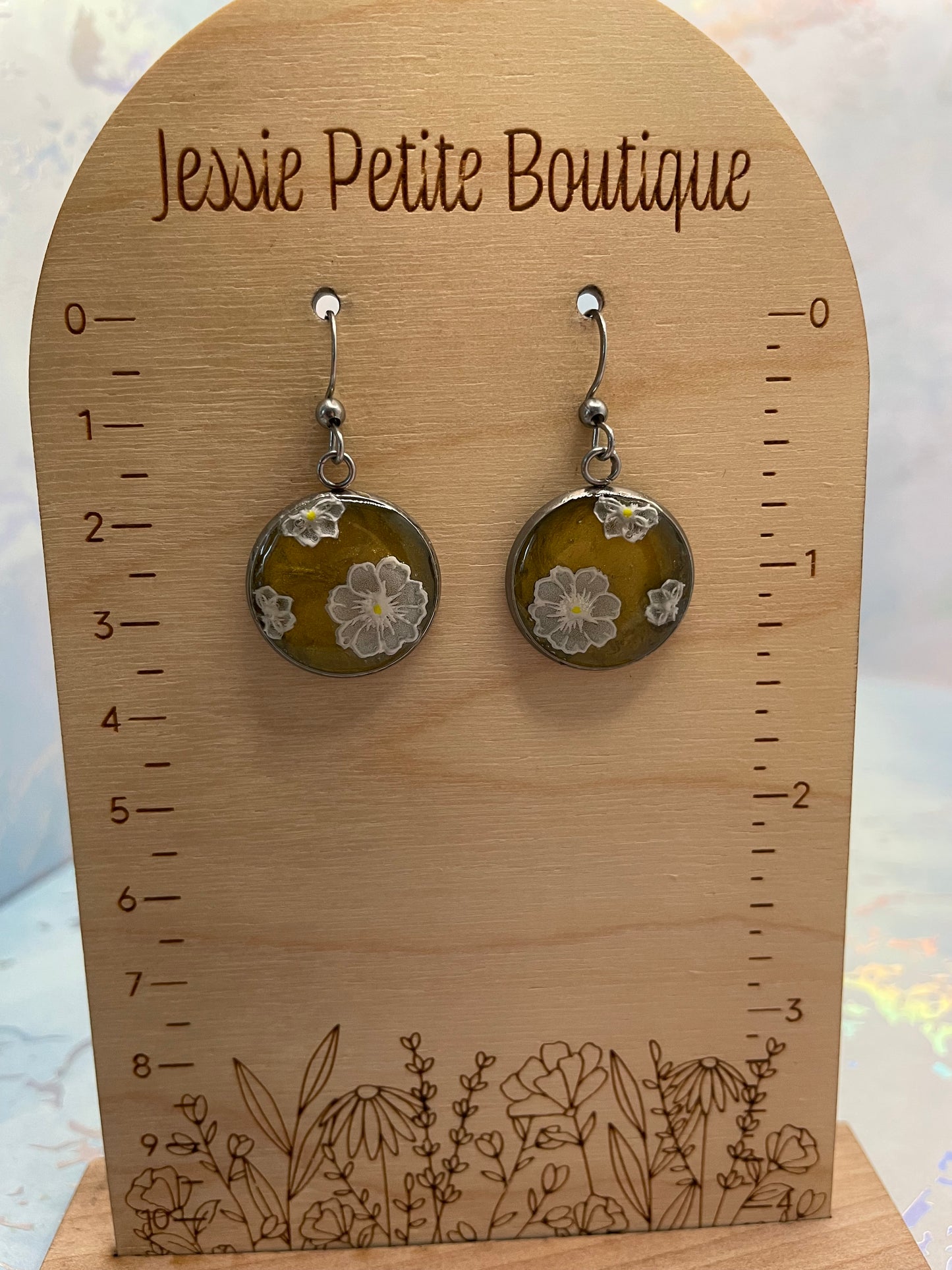 White Floral Earrings on Green Background-Stainless Steel