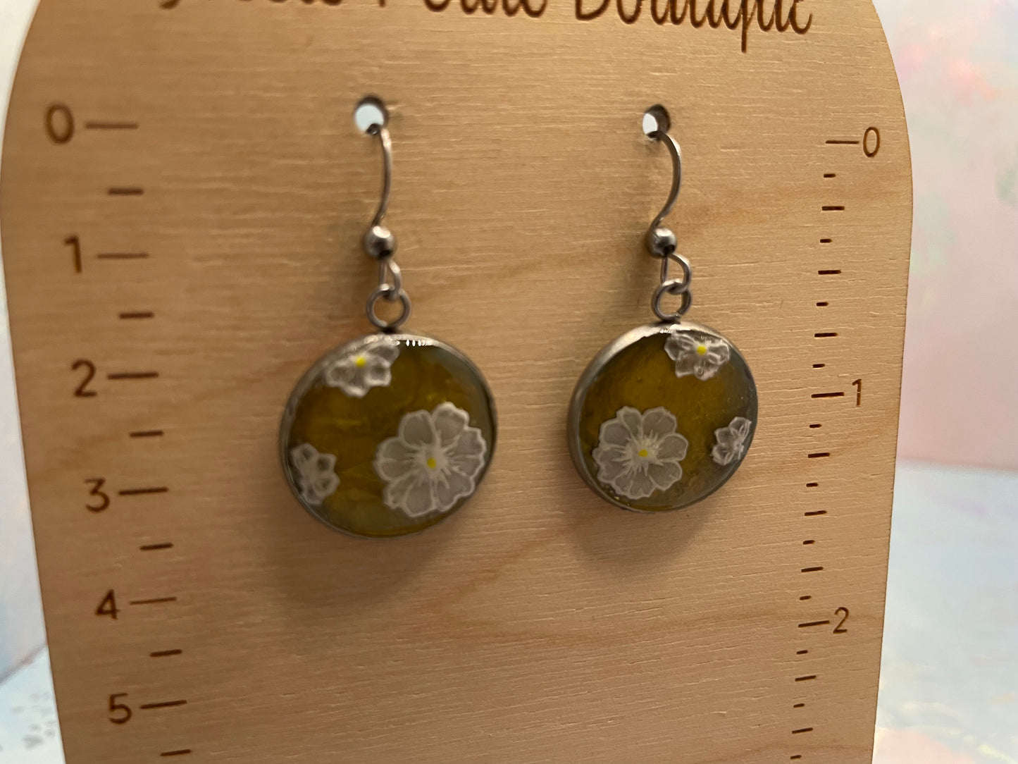 White Floral Earrings on Green Background-Stainless Steel