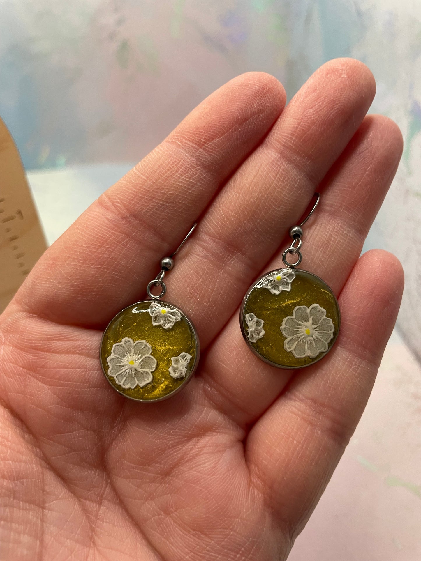 White Floral Earrings on Green Background-Stainless Steel