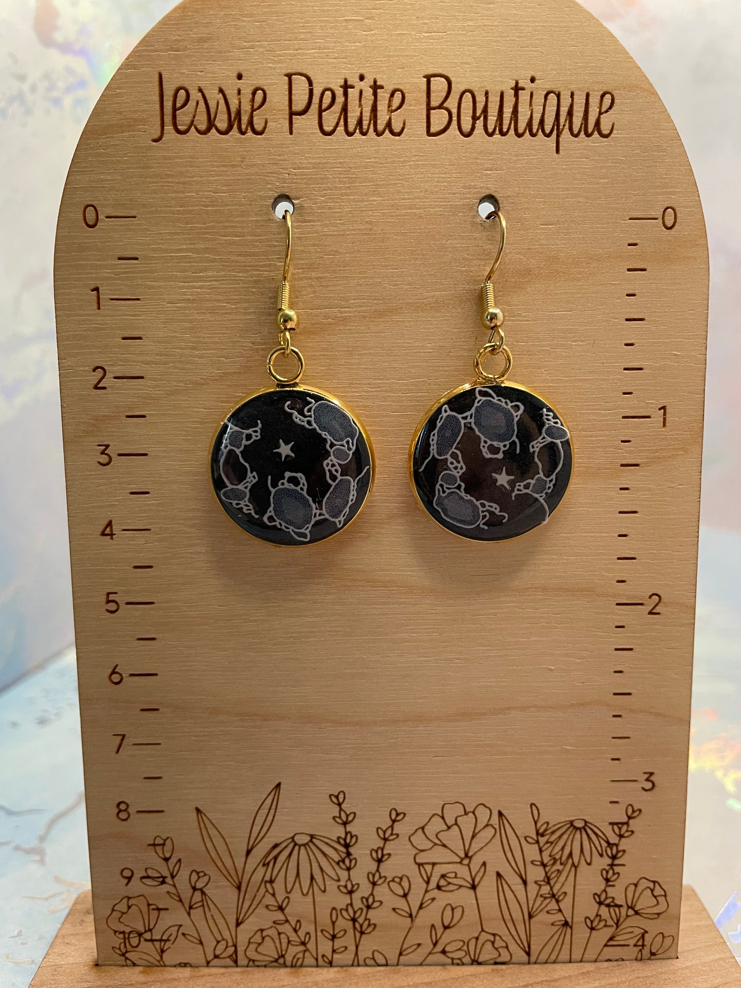 Boucle d'oreille cabochon doré Cosmos -Acier Inoxydable