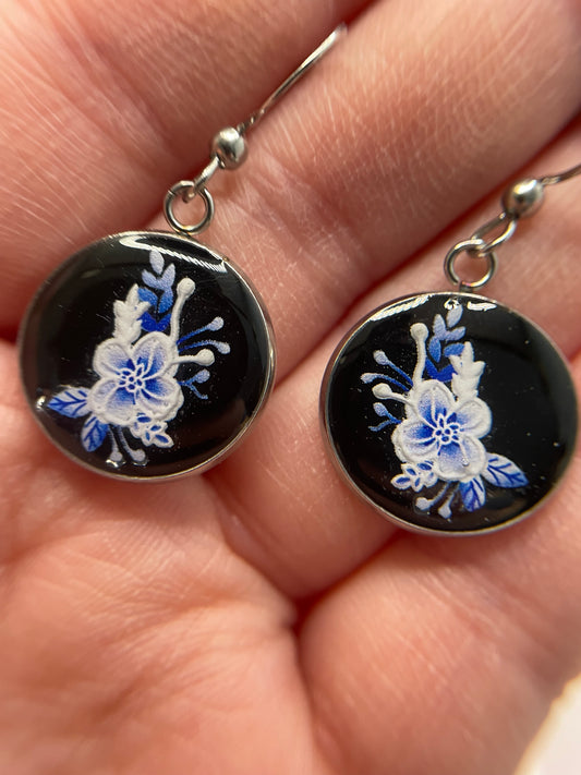 Round Blue Floral on Black Bezel Earrings-Stainless Steel