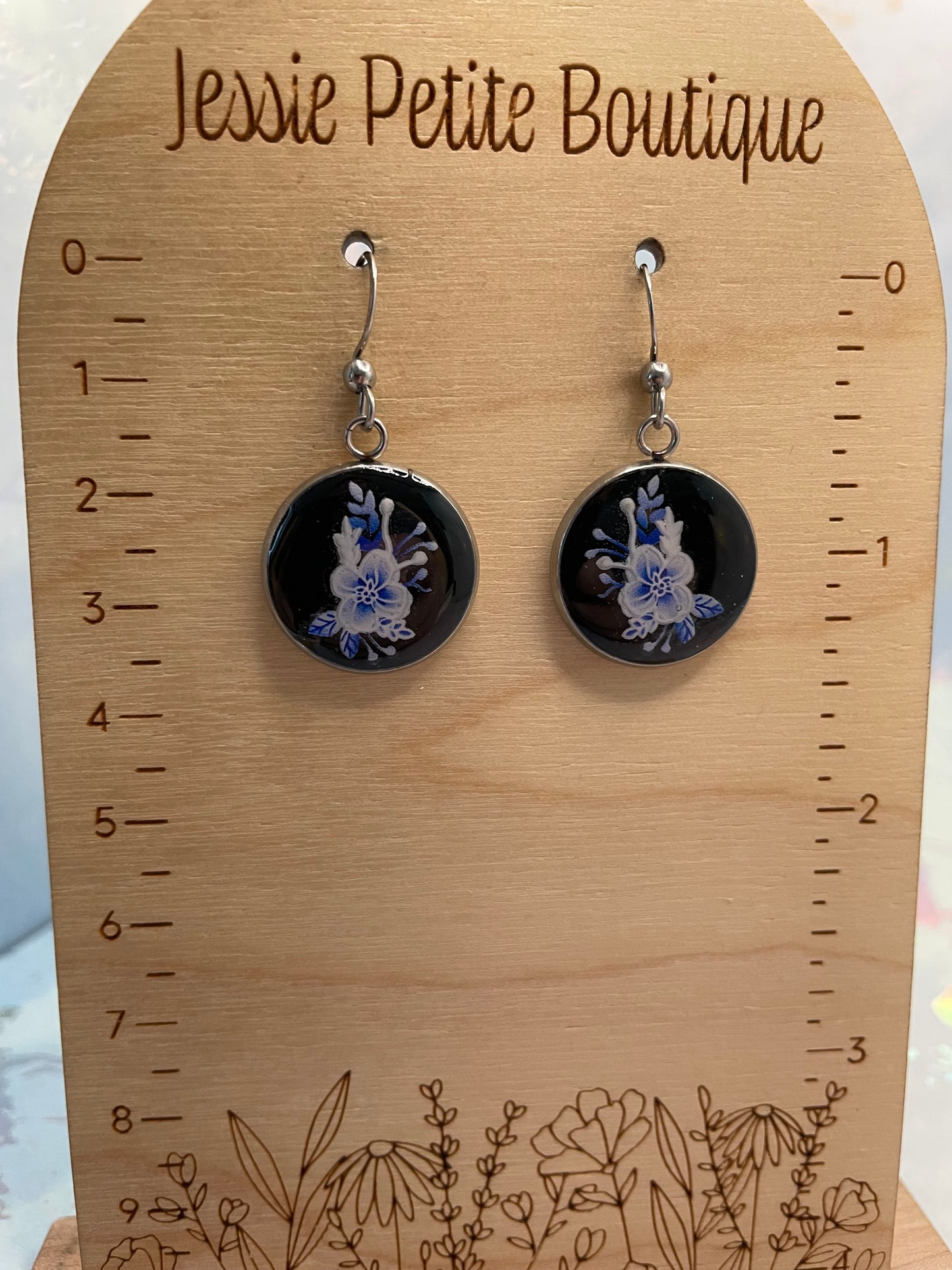 Round Blue Floral on Black Bezel Earrings-Stainless Steel