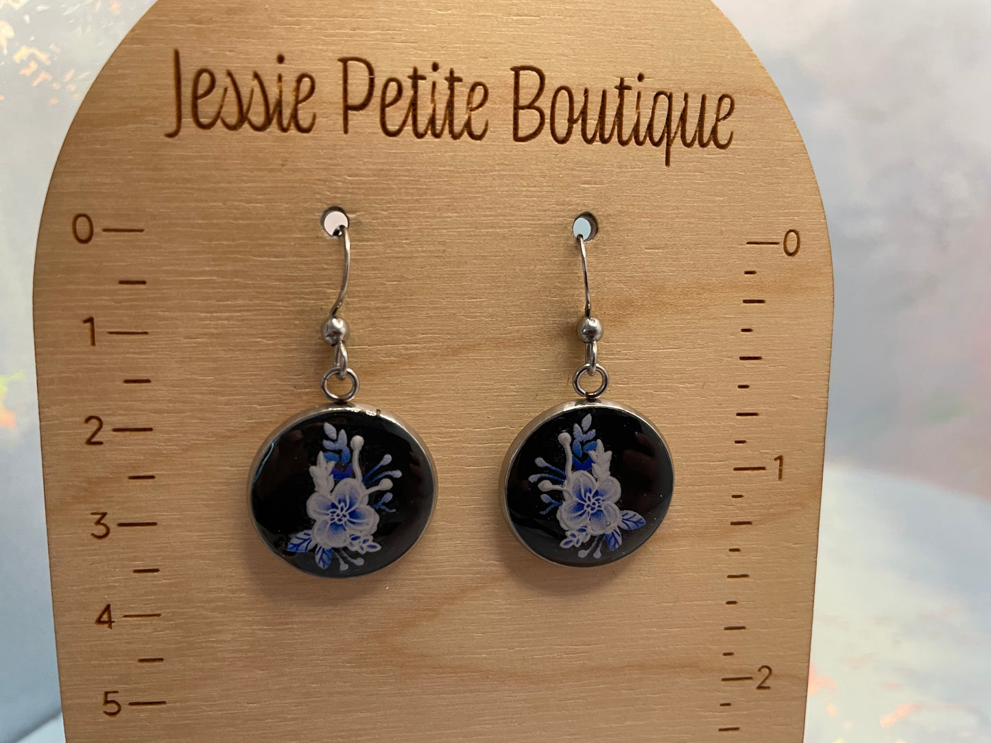 Round Blue Floral on Black Bezel Earrings-Stainless Steel