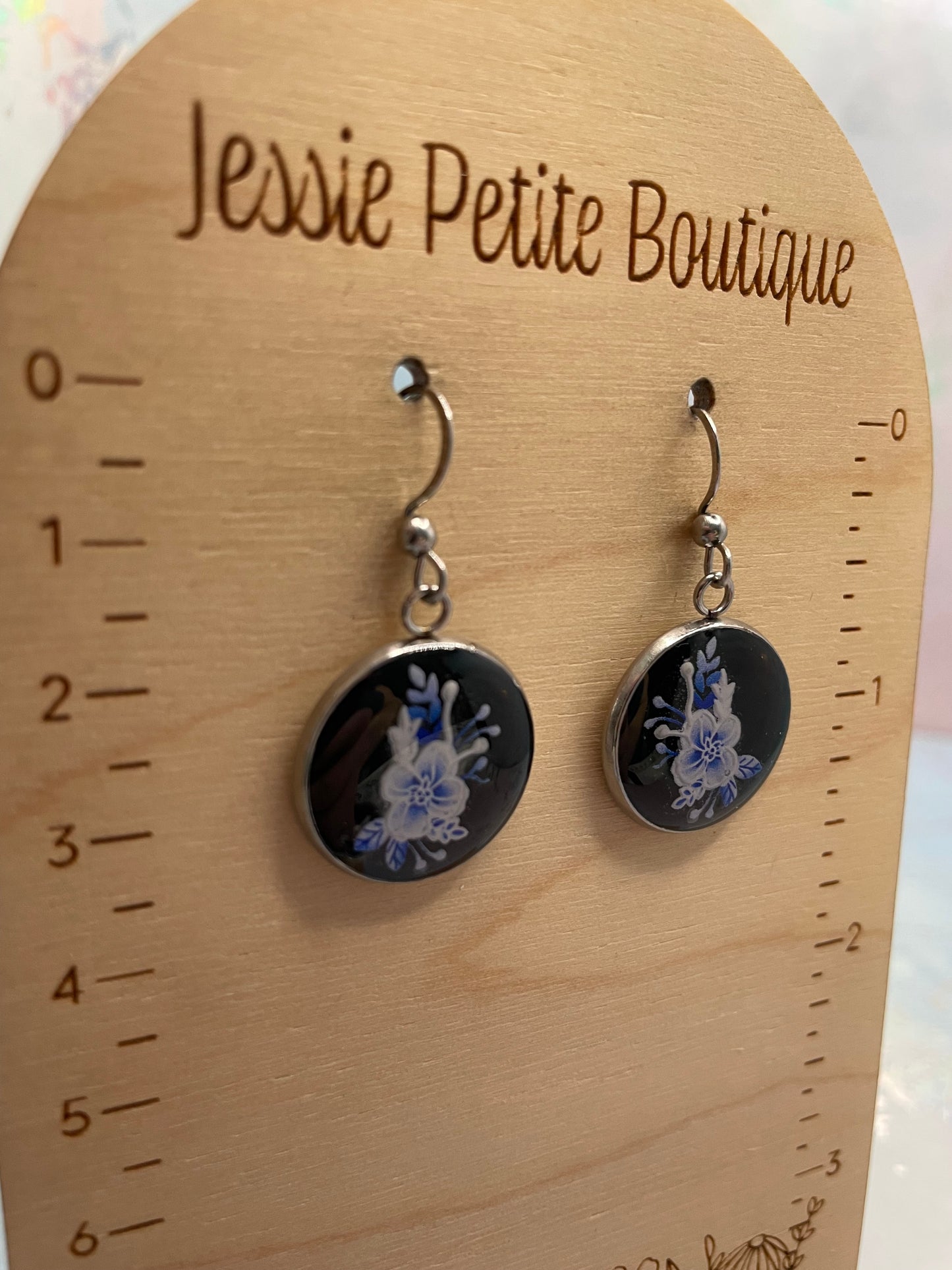 Round Blue Floral on Black Bezel Earrings-Stainless Steel