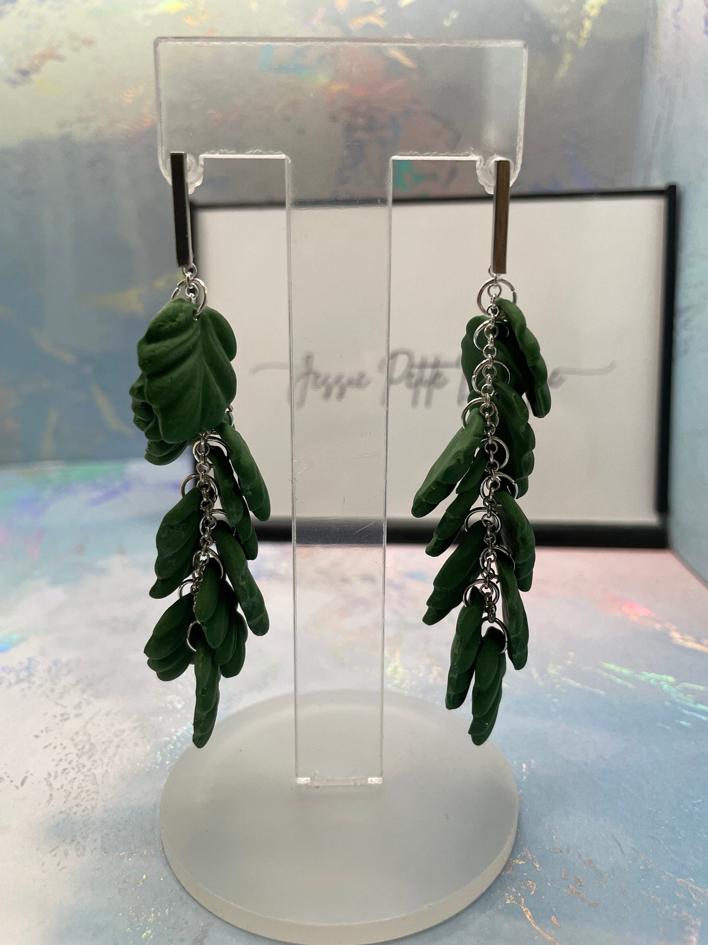 Boucles d'oreilles pendantes 9cm feuille d'argile verte