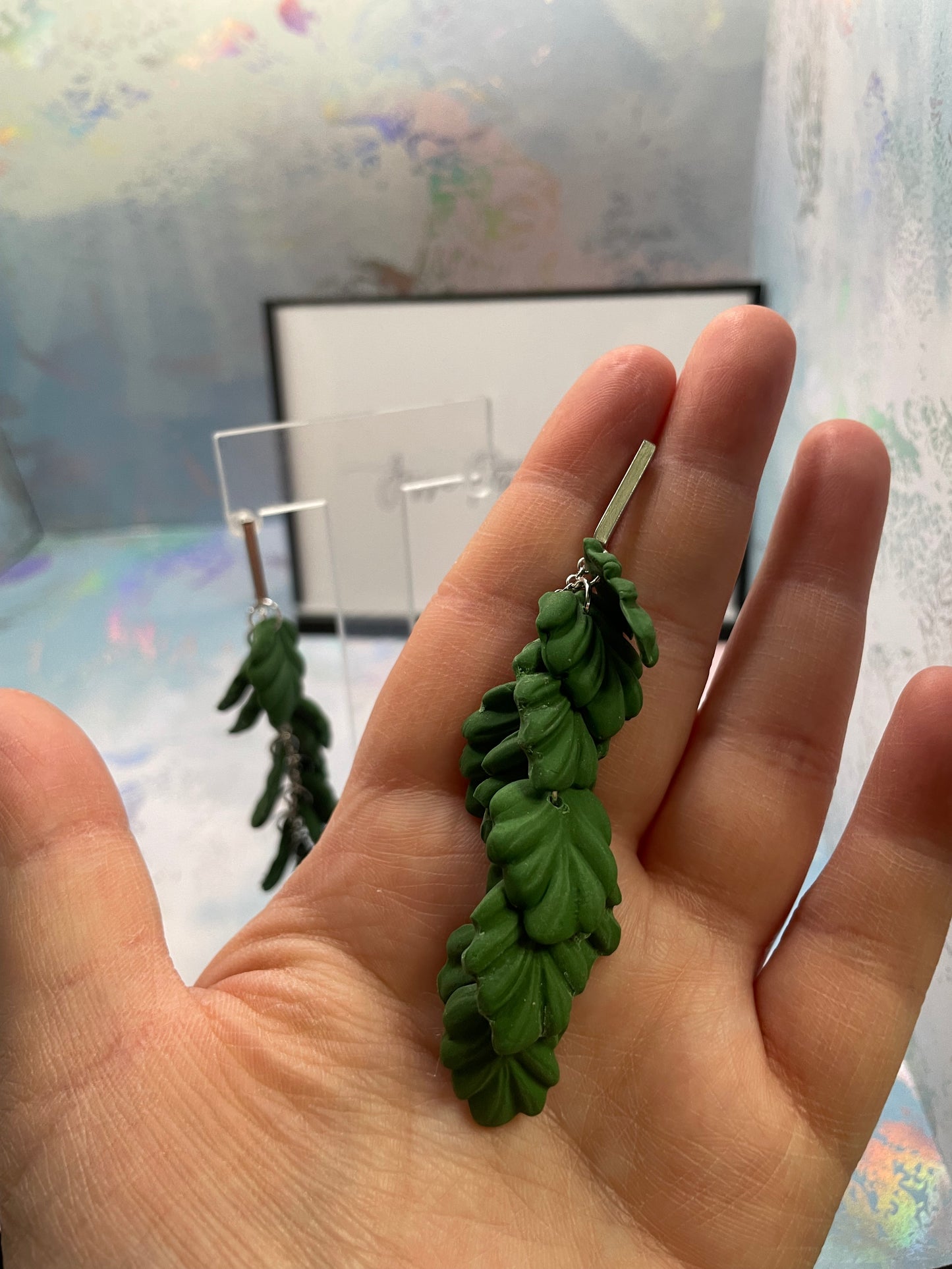 Boucles d'oreilles pendantes 9cm feuille d'argile verte