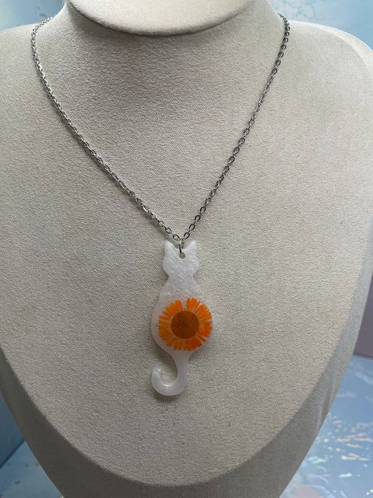 White Cat Necklace with Orange Strawflower