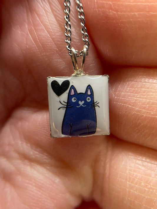 Blue Cat Square Pendant Necklace