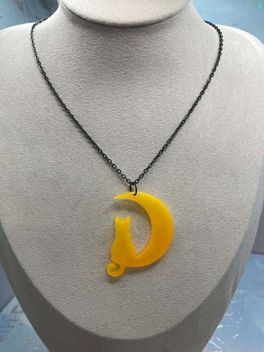 Orange Cat on Moon Necklace