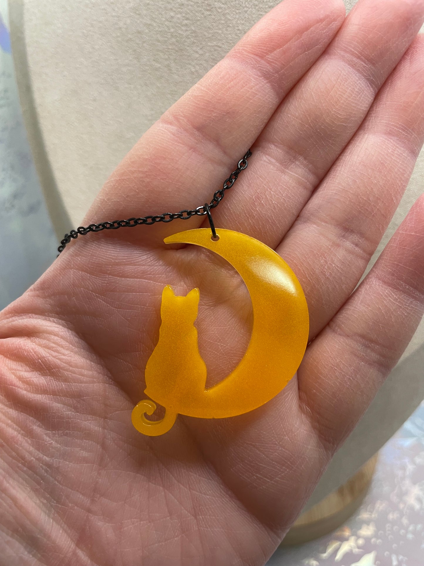 Orange Cat on Moon Necklace