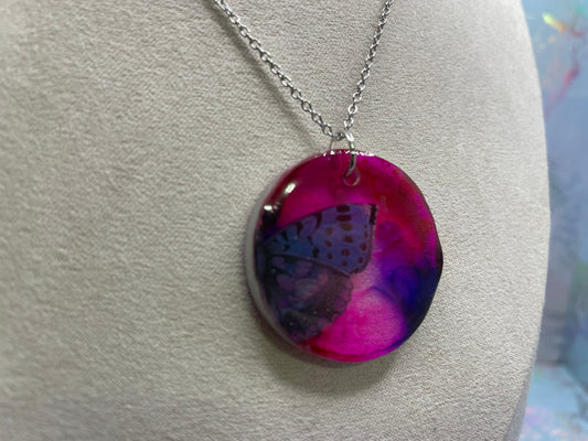 Pink & Purple Abstract Circle Butterfly Pendant Necklace